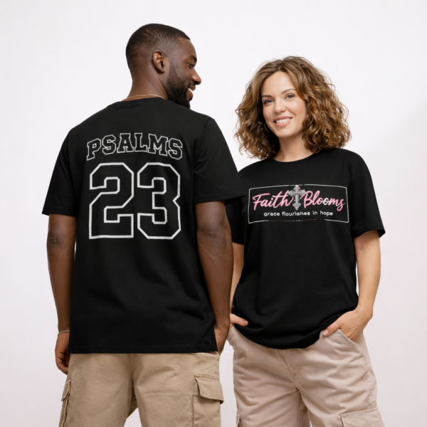 Faith Blooms Psalms 23 Christian T-Shirt – Black Inspirational Graphic Tee